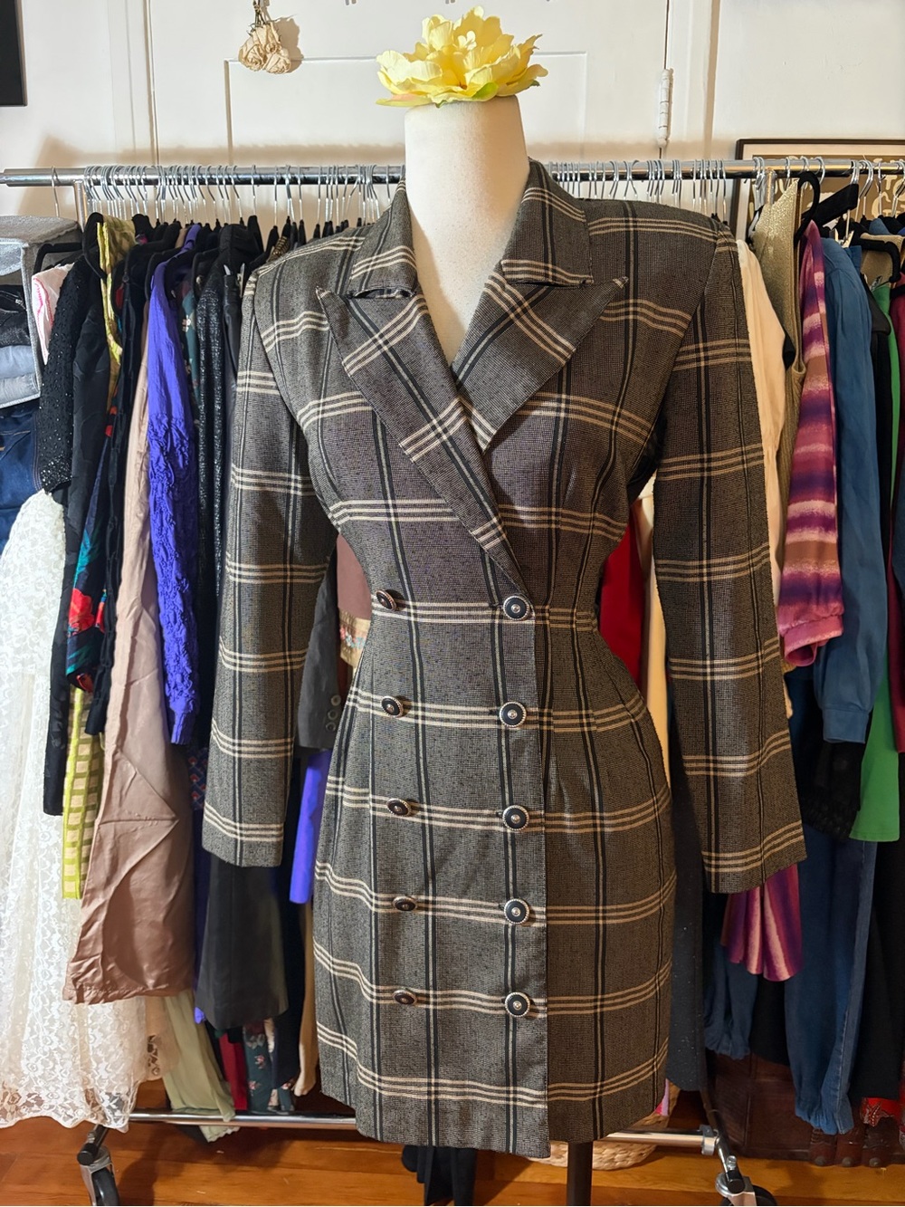 Vintage 80s 90s Plaid Blazer Dress Nipped Waist Double Breasted Grey Size 5